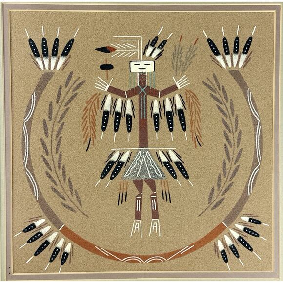 Navajo Yei Sandpainting Framed Artwork 18x18 Southwestern Native American Art - Picture 2 of 6